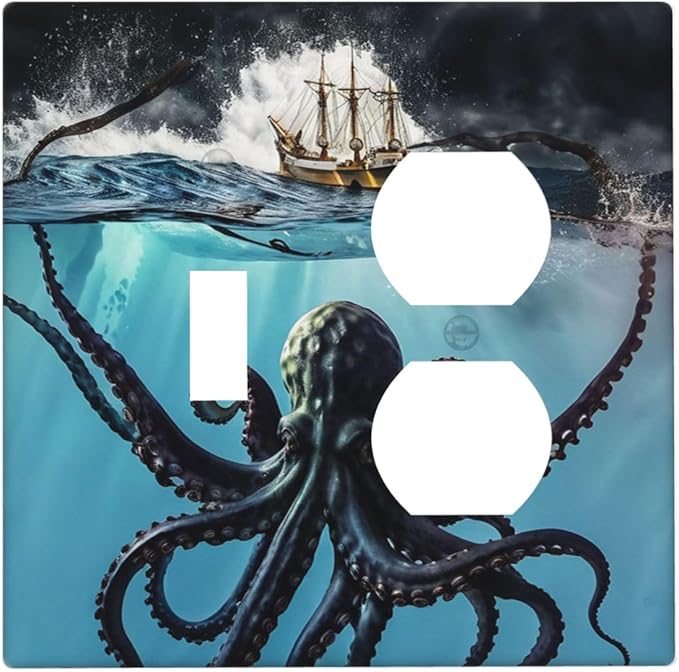 Decorative Outlet Covers Ocean Nautical Octopus Ship Funny Kraken 2 Gang Wall Plate Single Toggle Duplex Light Switch Cover Switch Plate Covers Faceplate for Bedroom Home Decor