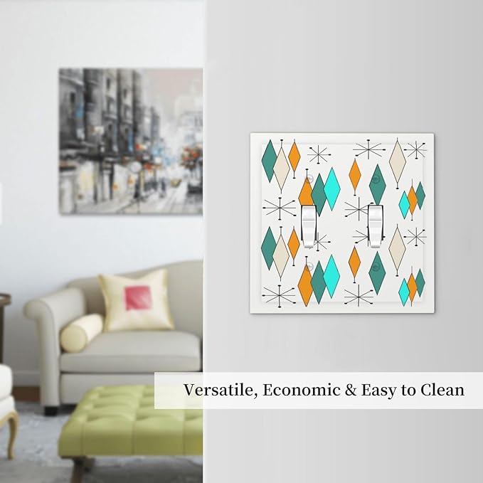 70s 60S Abstract Boho Geometric Light Switch Plate Cover 2-Gang Mid Century Blue/Green/Teal Retro Art Stars Atomic Double Toggle Wall Plate Decorative Dual Device Outlet Wallplate Faceplate Cover