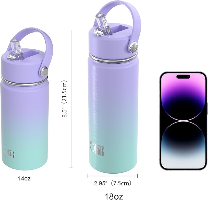 OISIZ 18oz Kids Water Bottle with Straw Lid, Vacuum Insulated Water Bottle Stainless Steel Bottles for Kids for School, Leakproof Water cups, BPA Free and Keep Cold for 24 Hours,Easy to Clean