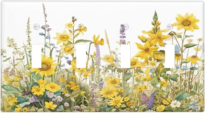Wildflowers Sunflower Lavender Daisy Floral Light Switch Covers Quad Toggle Electrical Faceplate 4 Gang Wall Plate Decorative Switch Plates Cover for Bedroom Living Room Decor