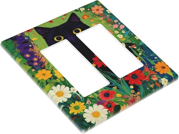 Decorative Art Light Switch Covers BlackCat&Flowers Walk 2 Gang Dual Rocker Outlet Switch plate Faceplate GFCI for Home Decor