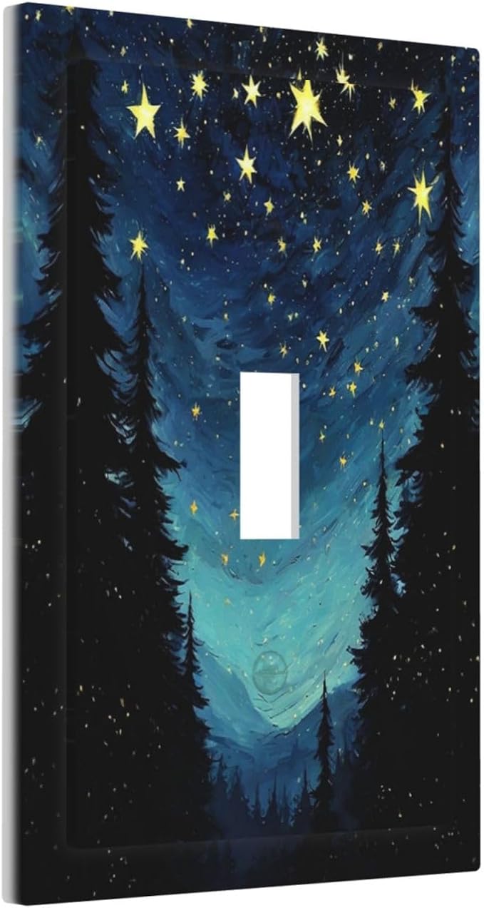 Decorative Light Switch Cover Blue Starry Sky Forest Painted Star Pine Tree Oil Painting 1 Gang Single Toggle Decorator Outlet Wall Plate Device Electrical Faceplate Switchplates for Bedroom Cabin