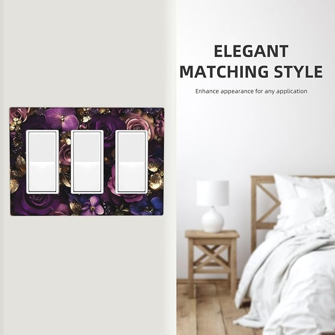 Decorative Light Switch Plate with Luxurious Purple Roses Gold Accents Leaves Design 3 Gang Outlet Covers Triple Rocker Wall Plate Switch Plate Cover for Romantic Bedroom/Living Room Decor