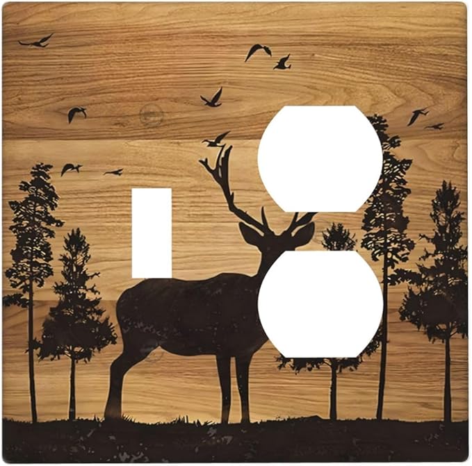 Elk Moose Forest Hunting Pyrography Art Wood Texture Print Wallplates 1 Toggle 1 Duplex Switch Plate Electrical GFCI Faceplate Decorative Light Switch Covers for Farmhouse Bedroom Decor