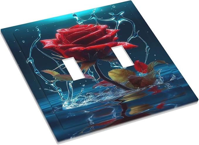 Red Rose Blue Water Drips Double Toggle Light Switch Cover Decorative 2 Gang Wall Plate Electrical Faceplate Switchplate for Kidroom Bathroom Bedroom Living Room Decor