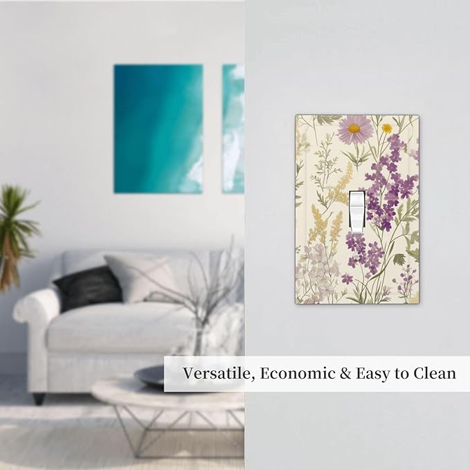Watercolor Floral Leaves 1 Gang Light Switch Cover Single Toggle Wall Plate Small Purple Flowers Daisies Decorative Electrical Switchplate Covers for Country Bedroom Kitchen Living Room Decor