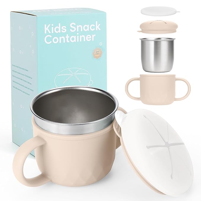 Mity rain Stainless Steel Snack Containers for Kids with Spill-Proof Silicone Lids & Handles - 3-in-1 Baby Snack Cups, No-Spill Toddler Snack Box, Perfect for On-the-Go Healthy Eating