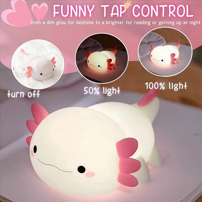 YR YRHH-PET Axolotl Night Light for Kids, Cute Squishy Rechargeable Axolotls Lamp, Unique White Pink Xmas Axolotl Gifts, Dimmable LED Silicone Nightlight, Baby Safe, Girls Room College Dorm Décor