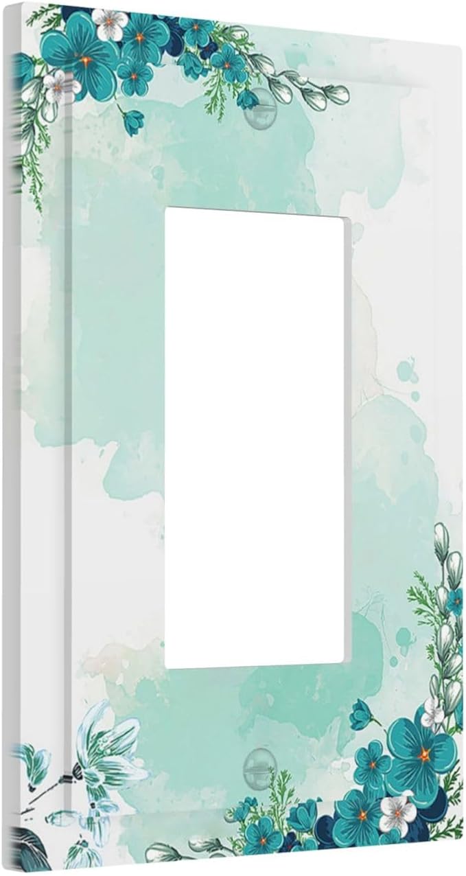 Decorative Outlet Covers Blue Green Flowers Light Green Watercolor Patterns 1 Gang Single Rocker Light Switch Cover Plate Wall Plates GFCI Faceplate for Bedroom Home Decor
