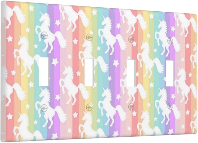 Kids Girls Girly Bedroom Rainbow 4 Gang Device Decorator Outlet Light Switch Cover Plate, Colorful Stars Stripes Unicorn Decorative Funny Pink Teen Animals Quad Toggle Wallplate Faceplate Cover
