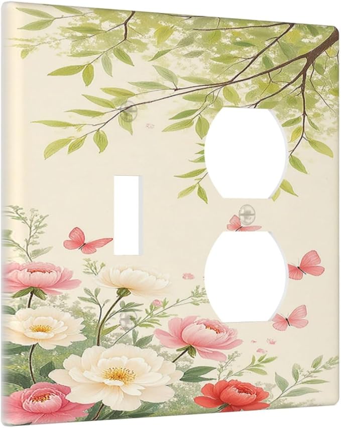 Wallplates Garden Flowers Green Leaves And Butterflies 1 Toggle 1 Duplex Switch Plate Electrical GFCI Faceplate Decorative Light Switch Covers for Bedroom Cabin Decor