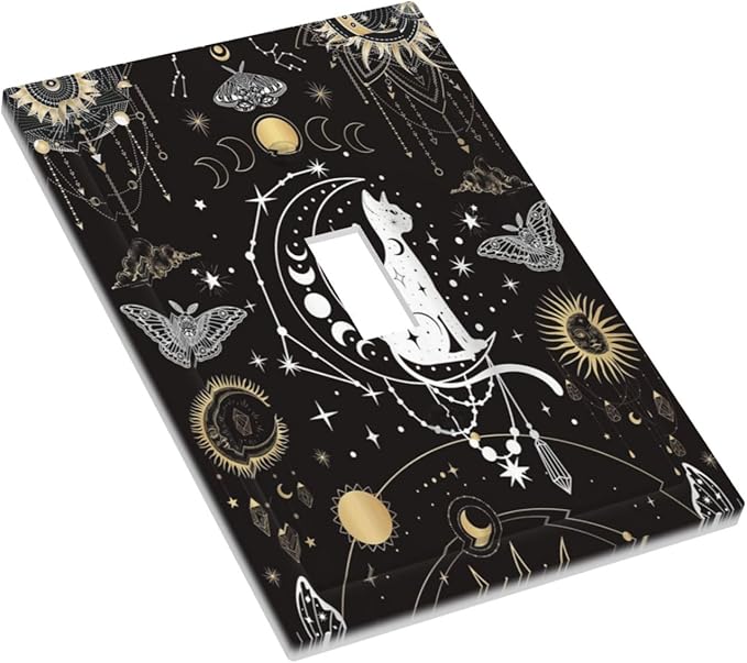 White Cat Tarot Moon Phases Moth Celestial Gothic Decorative Light Switch Cover 1 Gang Single Toggle Device Electrical Faceplate Switchplates Decorator Outlet Wall Plate for Kids Room Bedroom Decor