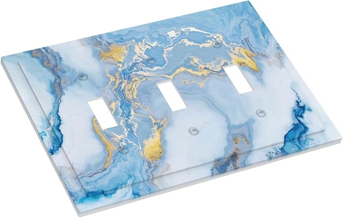 Beautiful Marble Texture Blue Gold Fluid Abstract Print Decorative Switch Plates 3 Gang Wall Plate Triple Toggle Light Switch Cover Faceplate Electrical Wall Panels for Bedroom Bathroom Decor
