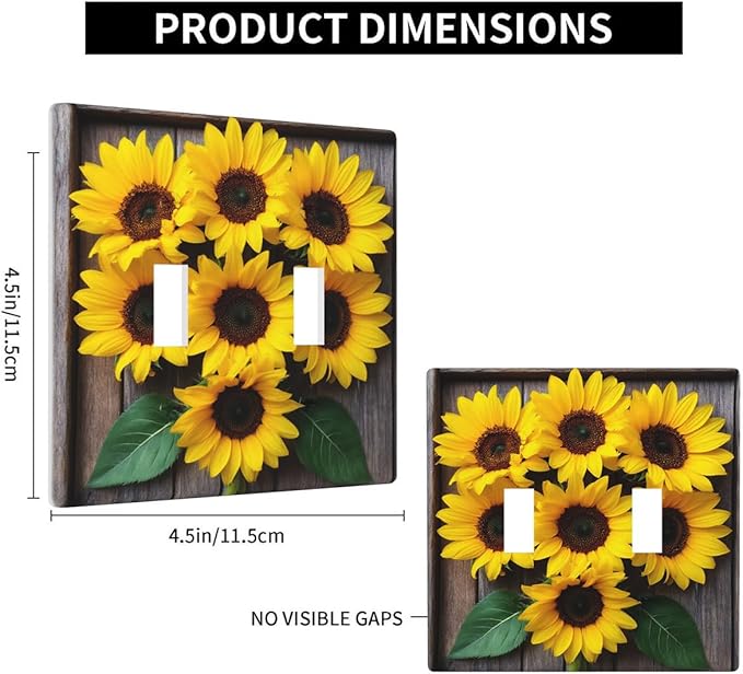 Sunflower Floral 2-Gang Double Toggle Switch Plate, Yellow Sunflower Faux Rustic Wood Wall Plate for Farmhouse, Bedroom, Kitchen & Sunroom