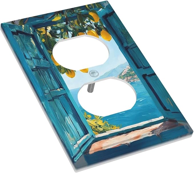 Window View Coastal Lemon Tree Mediterranean Landscape Outlet Covers 1 Gang Duplex Light Switch Cover Decorative Switch Plates Electrical Receptacle Faceplate Wall Plate for Bedroom Living Room Decor