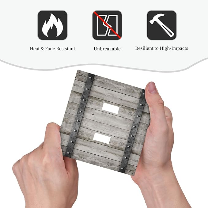 Farmhouse Grey Wood Barn Door Double Toggle Light Switch Cover Decorative 2 Gang Electrical Switchplate Faceplate Rustic Country Gray Wall Plates for Kitchen Bedroom Bathroom Dector (Plastic）