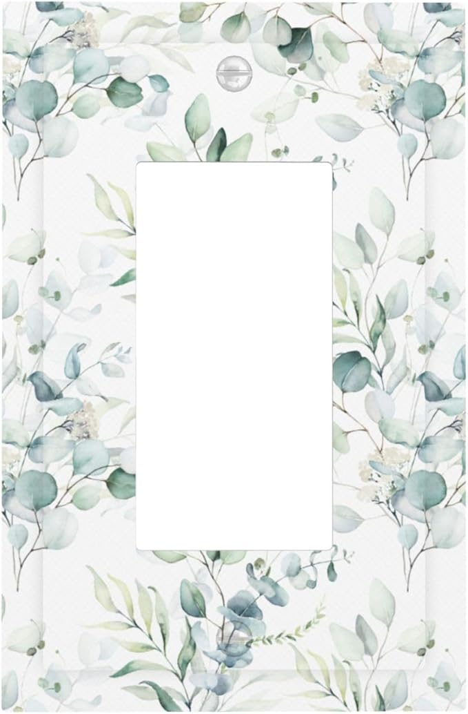 Watercolor Spring Sage Green Eucalyptus Leaves 1 Gang Single Decorator/GFCI Device Outlet Wall Plate Plant Herb Botanical Floral Electrical One Rocker Decorative Light Switch Cover Faceplate Dimmer