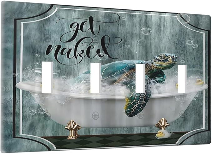 Teal Green Sea Turtle Funny Ocean Vintage Tortoise Beach Theme Light Switch Covers Quad Toggle 4 Gang Wall Plate Decorative Switch Plates Electrical Faceplate for Kids Room Bathroom Decor