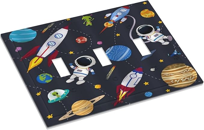 Rocket Planets Astronaut Blue Decorative 3 Gang Light Switch Covers Triple Toggle Wall Plate Decorative Switchplate Electrical Faceplate for Nursery Kidsroom Bedroom Decor