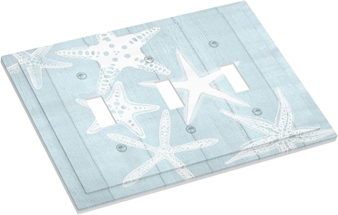 Beach Starfish Vintage Wood Rustic Country Ocean Decorative Switch Plates 3 Gang Wall Plate Triple Toggle Light Switch Cover Faceplate Electrical Wall Panels for Farmhouse Kids Room Decor
