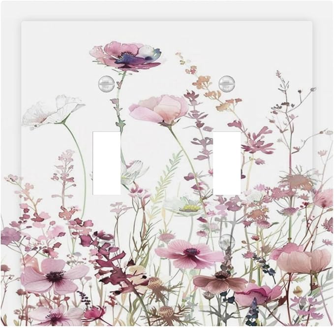 Floral Pink Watercolor Wildflowers Plant Flower Decorative Switch Plates 2 Gang Double Toggle Outlet Light Switch Cover Wall Plate Electrical Faceplate for Bedroom Living Room Decor