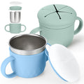 Mity rain 2-Pack Stainless Steel Snack Containers, 4-in-1 Spill proof Snack Cups With Silicone Lid and Handle, Dishwasher Safe Travel Snack Containers for Kids and Infants (Green + Blue)