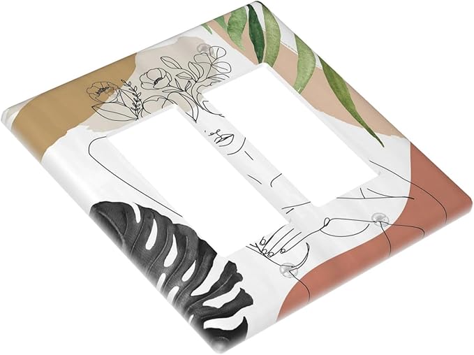 Mid Century Abstract Women Lady Boho Palm Leaf 2 Gang Rocker Decora Light Switch Covers Decorative Unique Dual Outlet Covers Wall Plate Electrical Faceplate Switchplate GFCI for Bedroom Decor