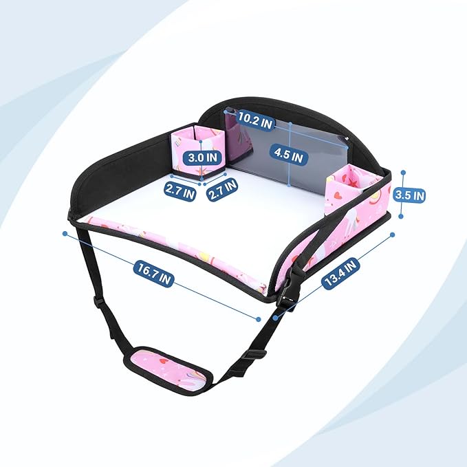 COOLBEBE Kids Travel Tray for Toddler Car Seat, Portable Car Seat Lap Tray with 2 Cup Holders & 8 Markers, Pink Unicorn Travel Tray for Airplane, Road Trip Activities for Kids