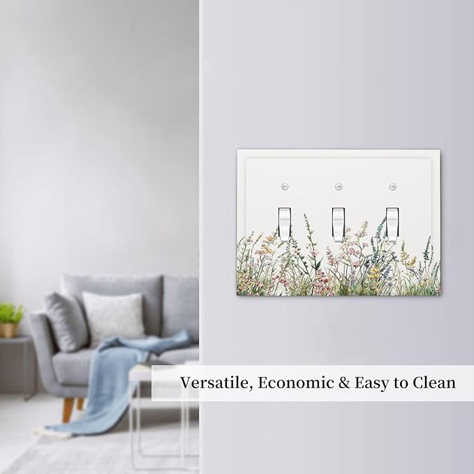 Decorative Switch Plates Boho Wildflower Green Leaves Rustic Floral Botanical 3 Gang Wall Plate Faceplate Triple Toggle Light Switch Cover Electrical Wall Panels for Bedroom living Room Decor