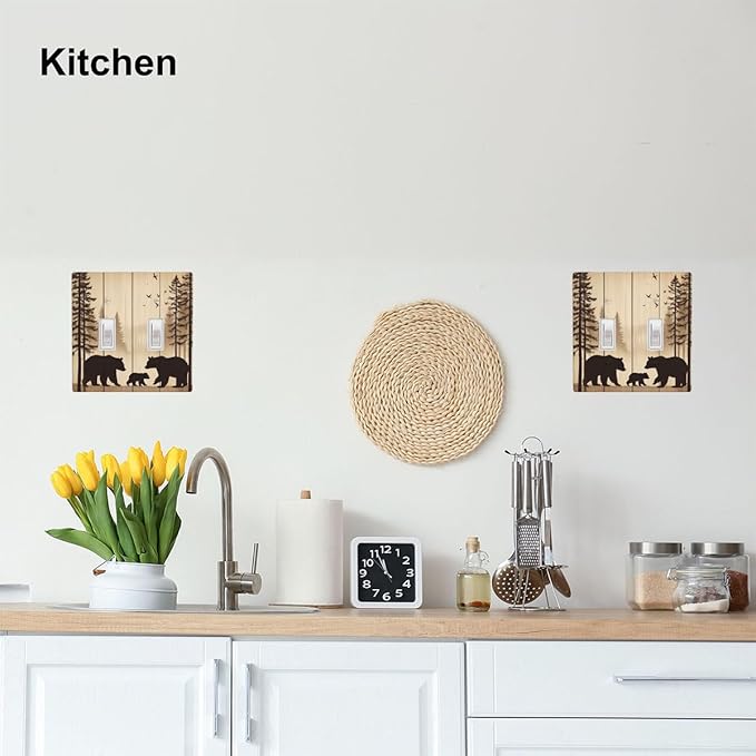 Cabin Bear Woodland 2-Gang Double Toggle Switch Plate, Rustic Wooden Bear Wall Plate for Cabin, Lodge, Farmhouse & Bedroom