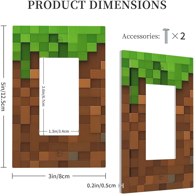 Pixel Style Gamer Themed Grass Block Decorative Outlet Covers 1 Gang Single Rocker Light Switch Cover Plate Wall Plates GFCI Faceplate for Kids Room Office Home Decor