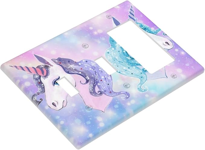 Dreamy Purple/Blue Rainbow Unicorn 3-Gang Combination Double Toggle/Single Decorator Outlet Wall Plate Cute Kid Girls Electric Decorative 2-Toggle 1-Rocker/GFCI Combo Light Switch Cover (Not Glitter)