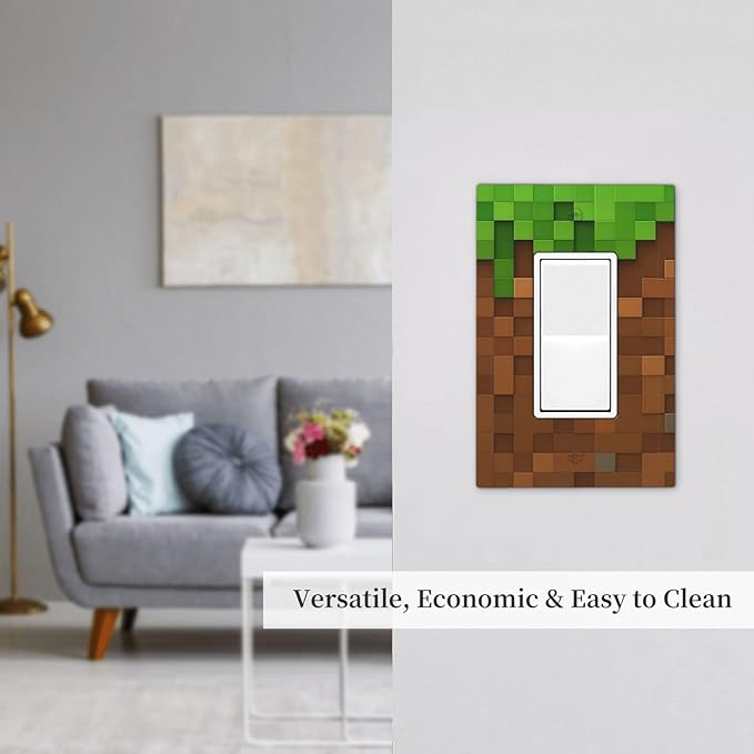 Pixel Style Gamer Themed Grass Block Decorative Outlet Covers 1 Gang Single Rocker Light Switch Cover Plate Wall Plates GFCI Faceplate for Kids Room Office Home Decor