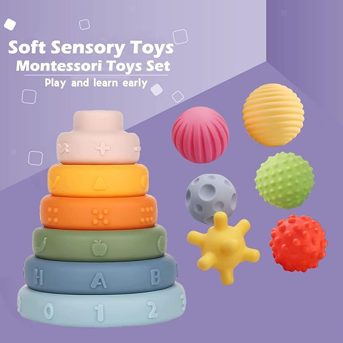 Weilim Montessori Toys Soft Stacking Building Blocks Rings Balls Sets 3 in 1 Baby Toys Bundle for Babies Sensory for Toddlers Teething Bath for Infants Learning Education Toy