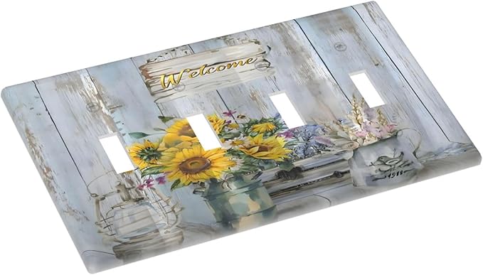 Rustic Sunflower Floral Vintage Wood Board Light Switch Covers Quad Toggle Electrical Faceplate 4 Gang Wall Plate Decorative Switch Plates Cover for Farmhouse Home Decor