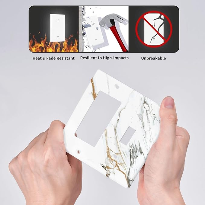 White Gold Marble Modern Abstract Luxury Print Outlet Covers 1 Toggle 1 Rocker Combination Decorative Wall Plate Electrical Switch Plates Light Switch Cover Plate for Bathroom Kitchen Decor
