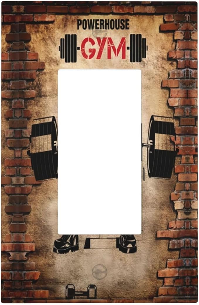 Vintage Gym Retro Brick Dumbbell Muscular Man Single Rocker Outlet Wall Plates 1 Gang Light Switch Cover Decorative Electrical GFCI Switchplate Dimmer for Bedroom Boyroom Bathroom Decor