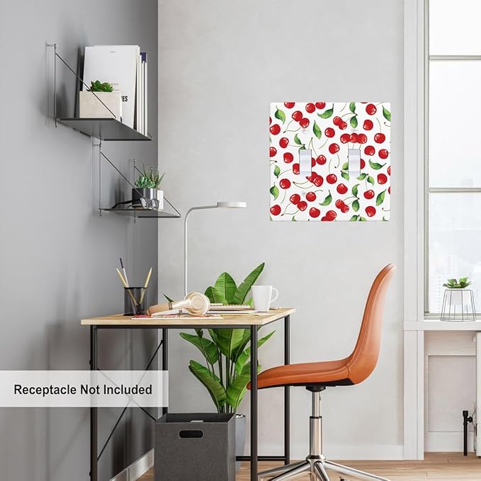 Cherry Fruits 2 Gang Wall Plate Red Cherries with Green Leaves Double Toggle Light Switch Cover Electrical Switchplate Decorative Faceplate Standard Size Home Decor
