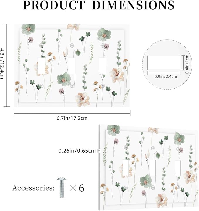 Decorative Switch Plates Watercolor Floral Botanical Flowers 3 Gang Wall Plate Triple Toggle Light Switch Cover Faceplate Electrical Wall Panels For Living Room Bed Room Decor