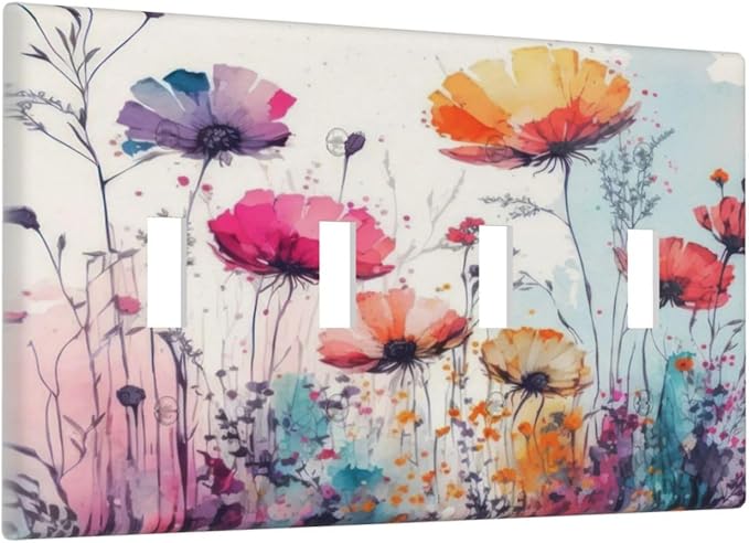 Light Switch Cover Plate Abstract Floral watercolor flowers 4 Gang Switch Plate Quad Toggle Wall Plates Wildflower Decorative Switchplate Electrical Outlet Cover Plates for Home Decor