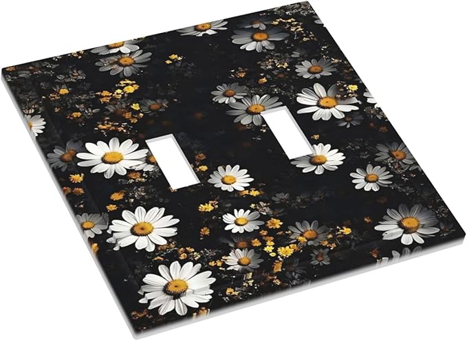 White Black Daisy Wildflower Modern Chrysanthemum Decorative Switch Plates 2 Gang Double Toggle Outlet Light Switch Cover Wall Plate Electrical Faceplate for Bedroom Farmhouse Decor