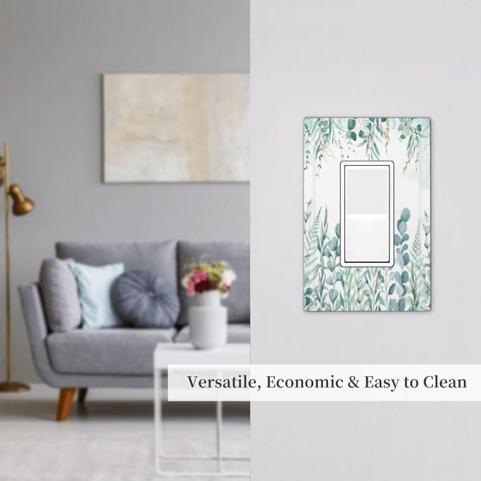 Boho Green Eucalyptus Leaf Floral Sage Flower Decorative Outlet Covers 1 Gang Single Rocker Light Switch Cover Plate Wall Plates GFCI Faceplate for Bedroom Living Room Decor