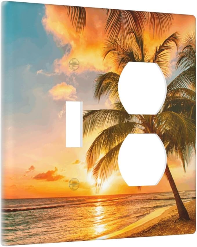 Decorative Outlet Covers Tropical Beach Ocean Palm Trees Hawaiian Sunset 2 Gang Wall Plate Single Toggle Duplex Light Switch Cover Switch Plate Covers Faceplate for Bedroom Decor