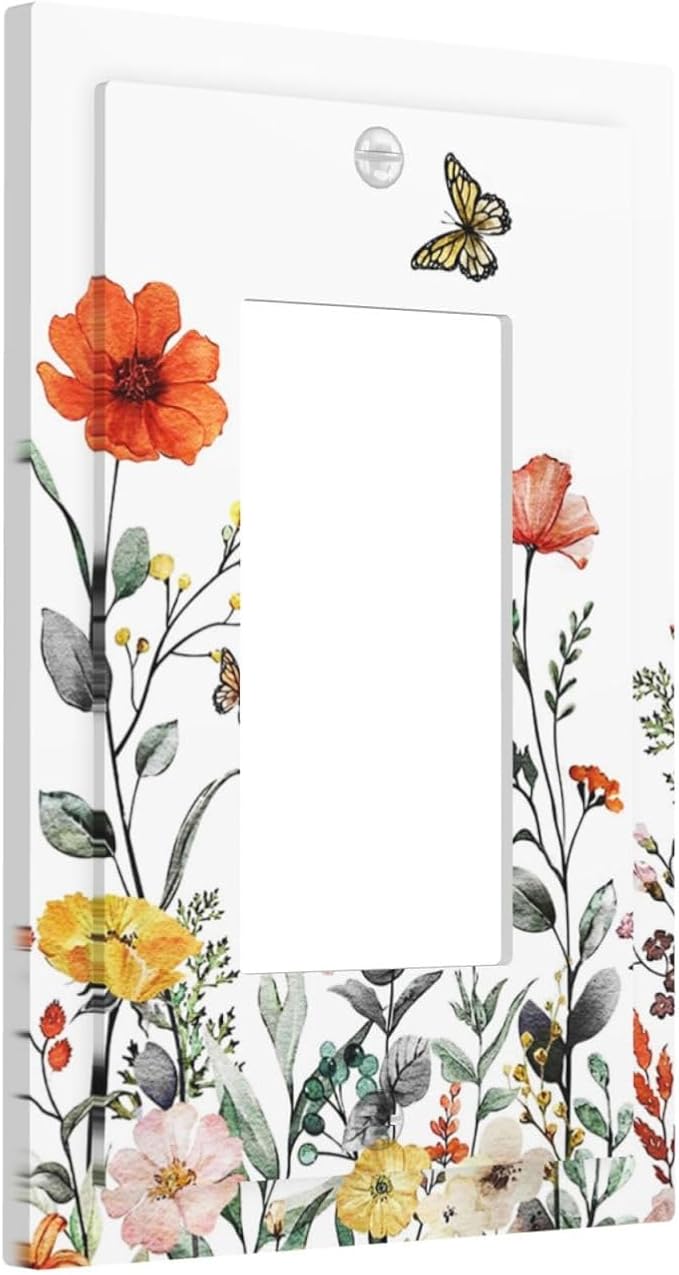 Colorful Butterfly Wild Flower 1-Gang Decorator Rocker Outlet Light Switch Cover Colored Vintage Floral Pretty Spring Garden Decorative Single Device GFCI Receptacle Switch Wall Plate Dimmer Mid Size