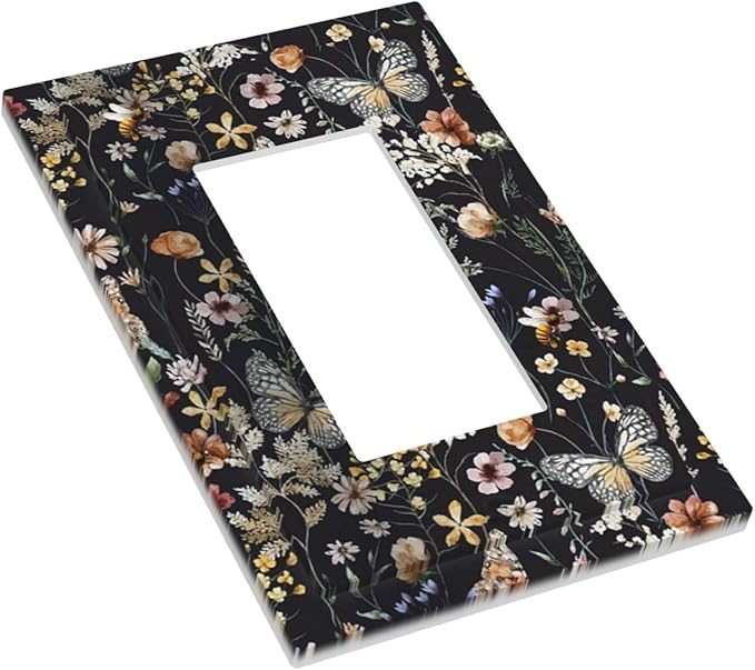 Butterfly Single Rocker Outlet Wall Plates Vintage Flower Leaves 1 Gang Light Switch Cover Decorative Dark Backgrounds Electrical GFCI Switchplate Cute Bees Dimmer Decor for Bedroom Kitchen Bathroom