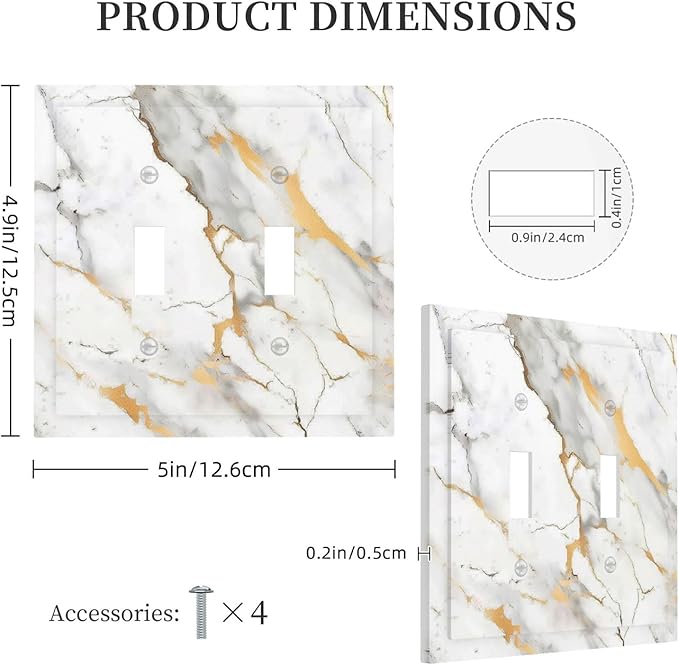 Decorative Switch Plates Marbling Style White Background Gold Gray Stripes 2 Gang Double Toggle Outlet Light Switch Cover Wall Plate Electrical Faceplate For Bathroom Kitchen Decor
