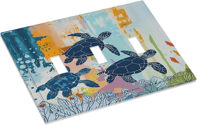 Decorative Switch Plates Colorful Ocean Sea Turtle Marine Life 3 Gang Wall Plate Triple Toggle Light Switch Cover Faceplate Electrical Wall Panels for Kids room Bedroom Decor