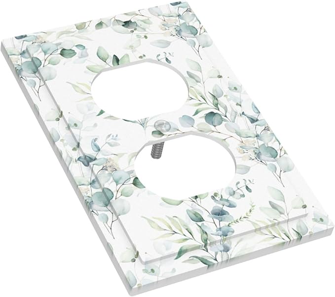 Watercolor Spring Sage Green Eucalyptus Leaf Plant Nature Herb Botanical Floral 1 Gang Duplex Wall Plate Electrical Receptacle Outlet Cover Decorative Dual Device Mid Size Light Switch Plug Face Plate