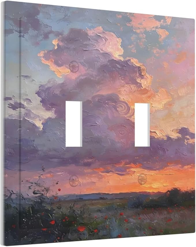Abstract Sunset Dusk Natural Scenery Wild Flowers Decorative Switch Plates 2 Gang Double Toggle Outlet Light Switch Cover Wall Plate Electrical Faceplate for Farmhouse Bedroom Decor