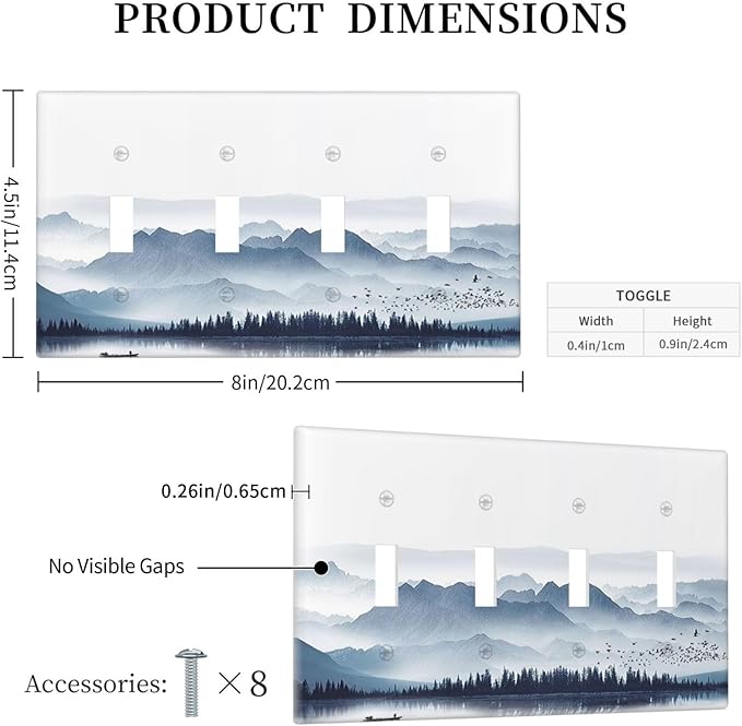 Light Switch Covers Mountain Foggy Lake Boat Grey Blue Forest Birds Quad Toggle 4 Gang Wall Plate Electrical Faceplate Decorative Switch Plates for Bedroom living Room Decor